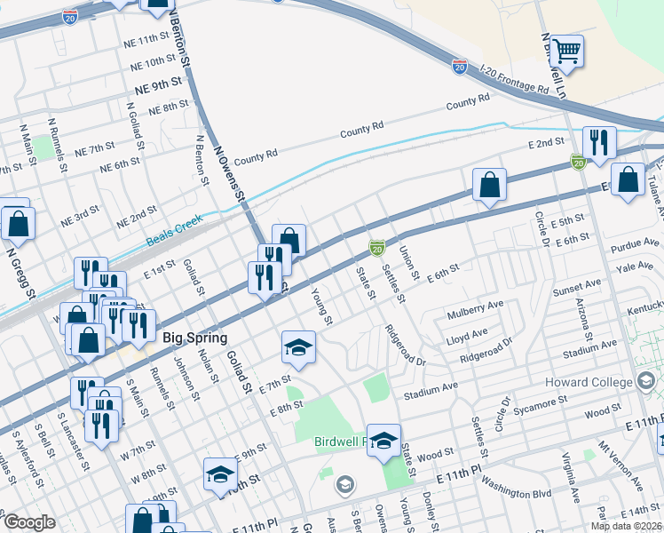 map of restaurants, bars, coffee shops, grocery stores, and more near 1001 East 4th Street in Big Spring
