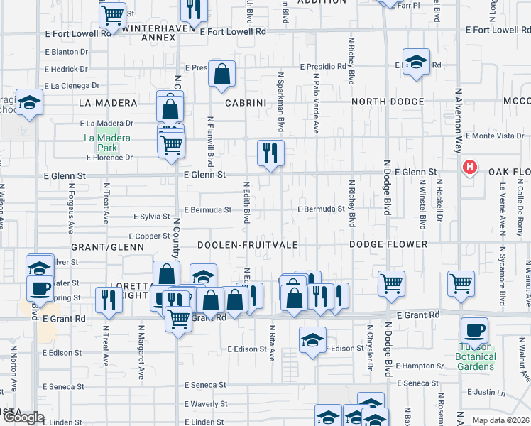 map of restaurants, bars, coffee shops, grocery stores, and more near 3324 East Bermuda Street in Tucson