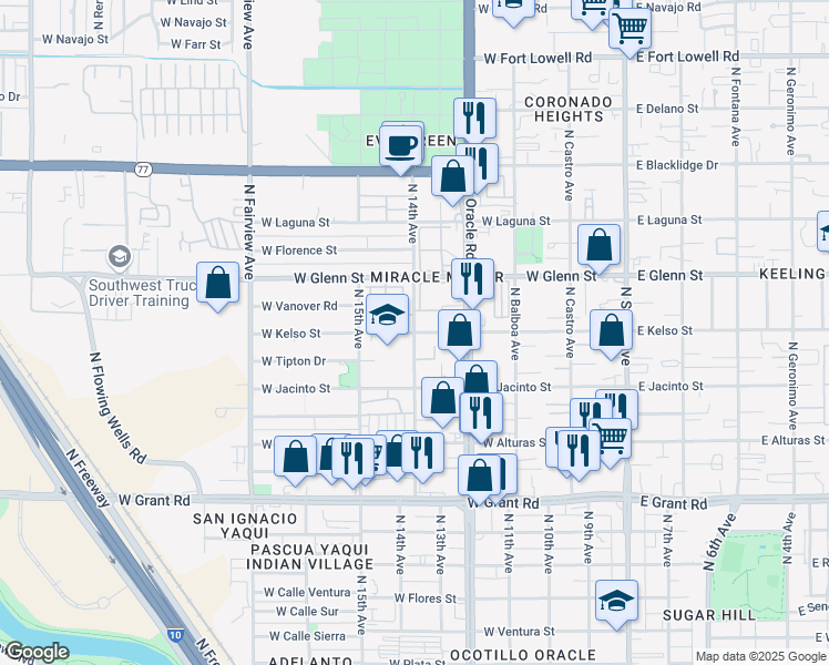 map of restaurants, bars, coffee shops, grocery stores, and more near N 14th Ave & W Kelso St in Tucson