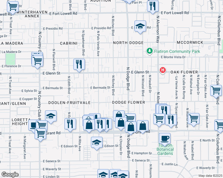 map of restaurants, bars, coffee shops, grocery stores, and more near 2702 North Richey Boulevard in Tucson
