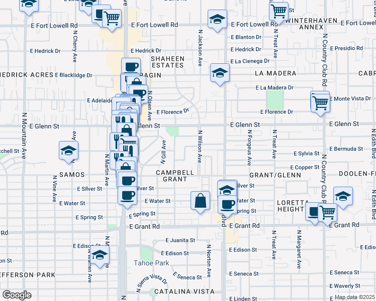 map of restaurants, bars, coffee shops, grocery stores, and more near 2636 North Willow Avenue in Tucson