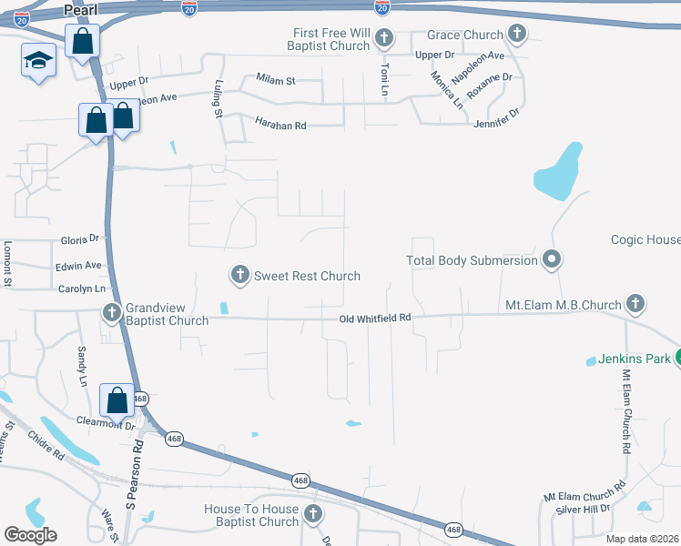 map of restaurants, bars, coffee shops, grocery stores, and more near 417 Old Whitfield Road in Pearl