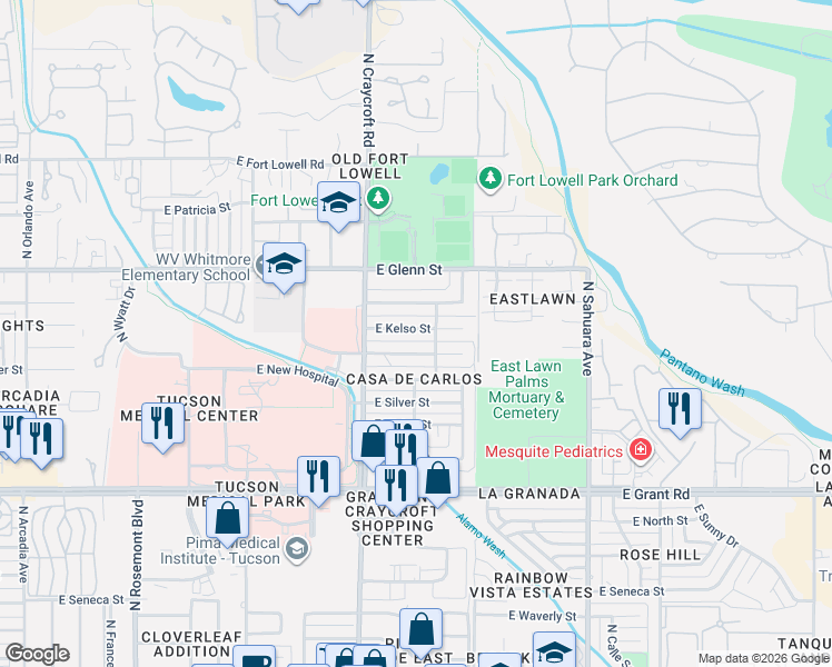 map of restaurants, bars, coffee shops, grocery stores, and more near 5541 East Kelso Street in Tucson