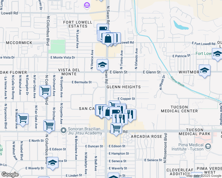 map of restaurants, bars, coffee shops, grocery stores, and more near 4710 East Bermuda Street in Tucson