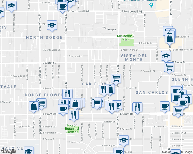 map of restaurants, bars, coffee shops, grocery stores, and more near 4154 East Bermuda Street in Tucson
