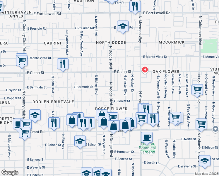 map of restaurants, bars, coffee shops, grocery stores, and more near 3656 East Bermuda Street in Tucson