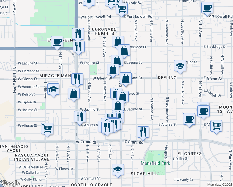 map of restaurants, bars, coffee shops, grocery stores, and more near 14 West Kelso Street in Tucson