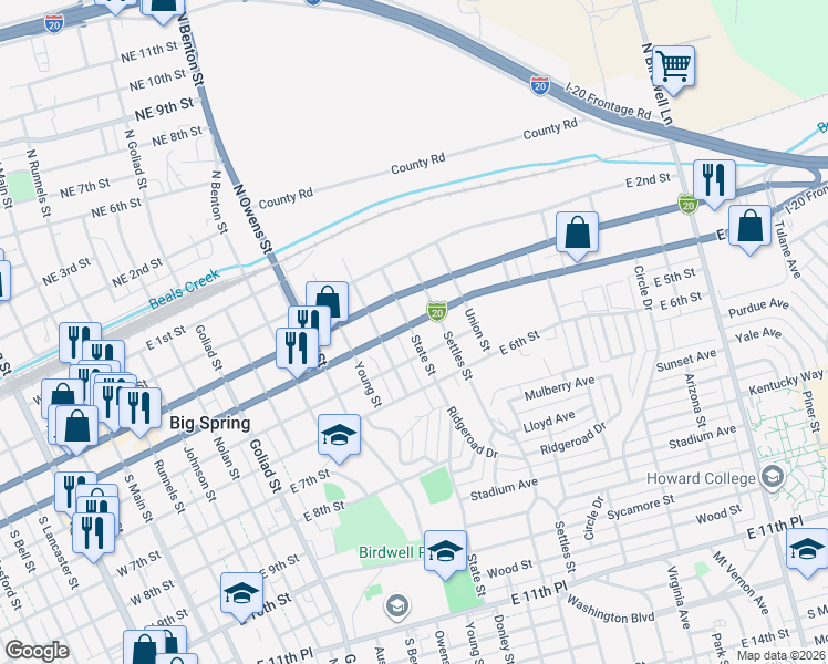 map of restaurants, bars, coffee shops, grocery stores, and more near 1100 East 4th Street in Big Spring