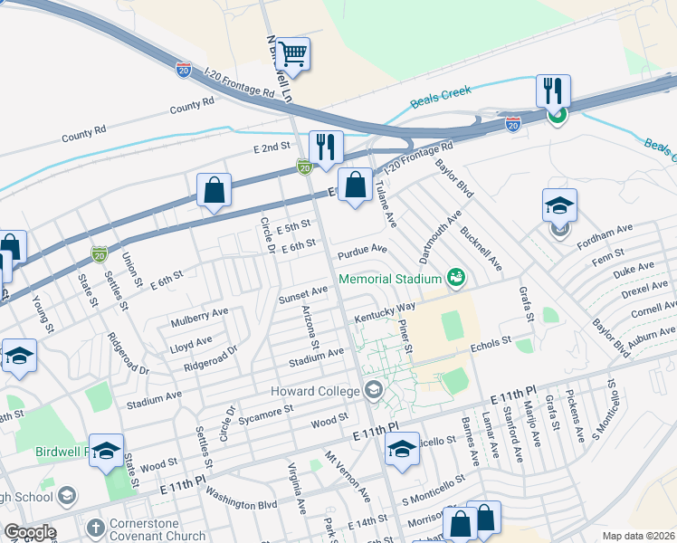 map of restaurants, bars, coffee shops, grocery stores, and more near 1701 Yale Avenue in Big Spring