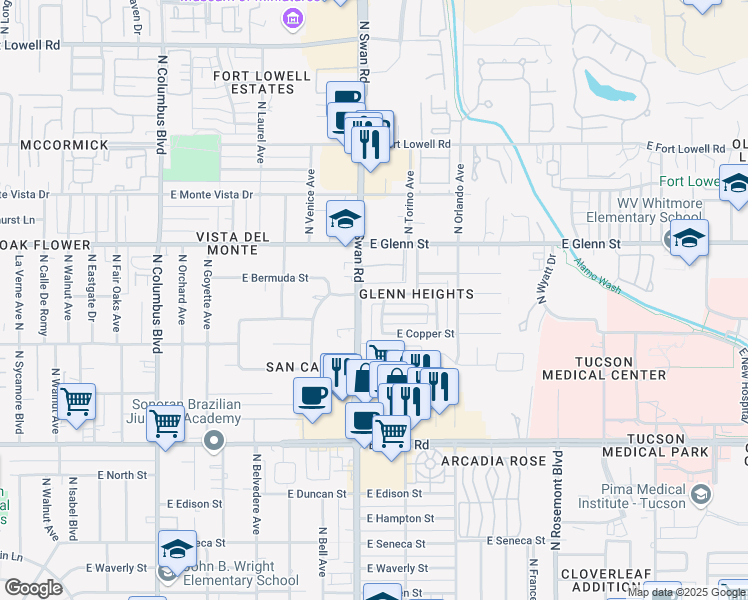 map of restaurants, bars, coffee shops, grocery stores, and more near 4710 East Bermuda Street in Tucson