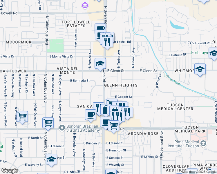 map of restaurants, bars, coffee shops, grocery stores, and more near 4710 East Bermuda Street in Tucson