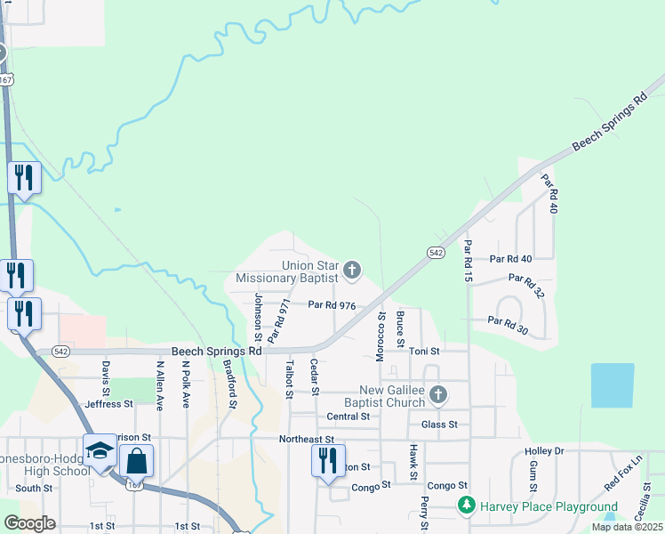 map of restaurants, bars, coffee shops, grocery stores, and more near 600-698 Par Road 974 in Jonesboro