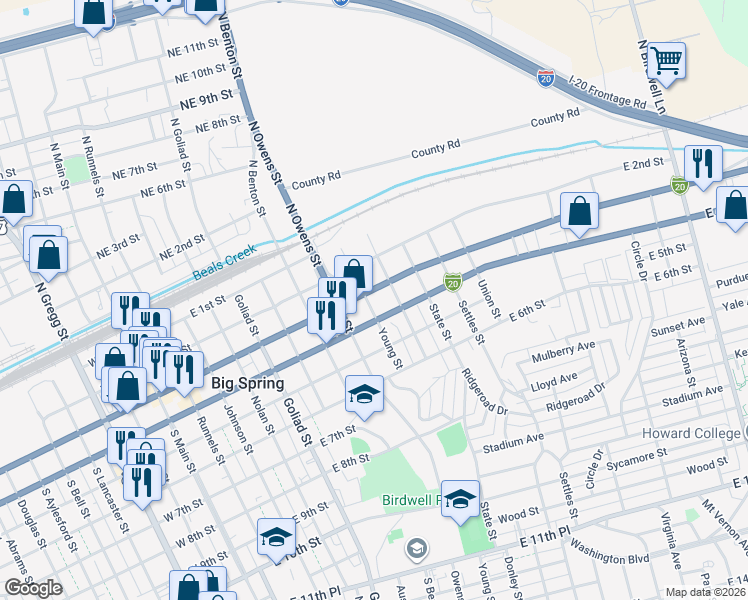 map of restaurants, bars, coffee shops, grocery stores, and more near 904 East 3rd Street in Big Spring