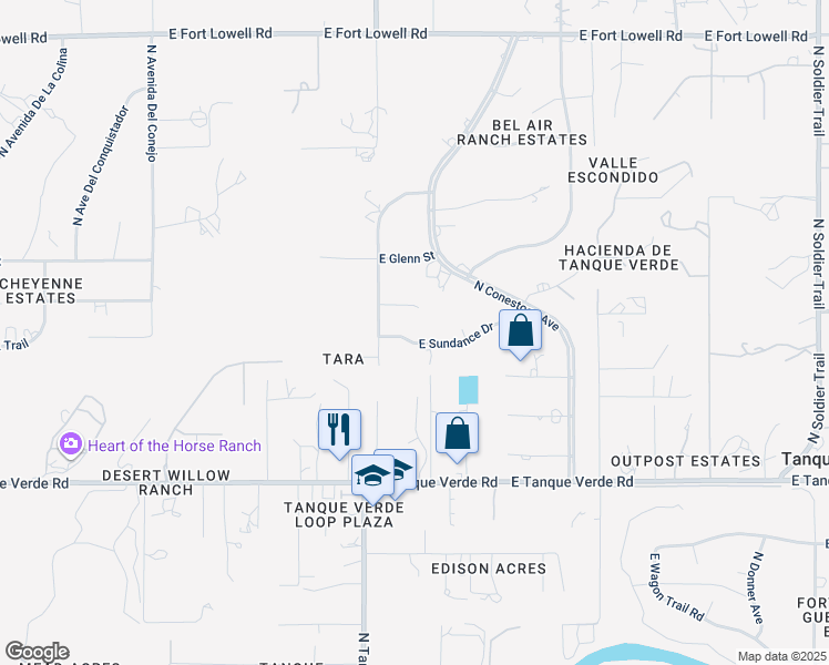 map of restaurants, bars, coffee shops, grocery stores, and more near 11155 East Sundance Drive in Tucson