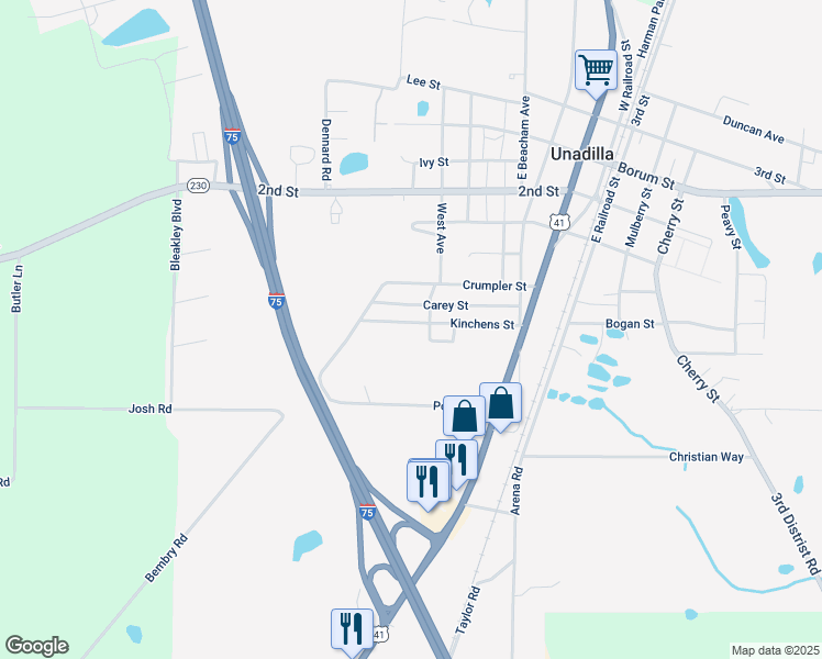 map of restaurants, bars, coffee shops, grocery stores, and more near 457 Kinchens Street in Unadilla