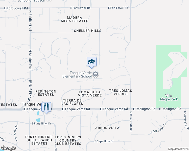 map of restaurants, bars, coffee shops, grocery stores, and more near 2600 North Fennimore Avenue in Tucson