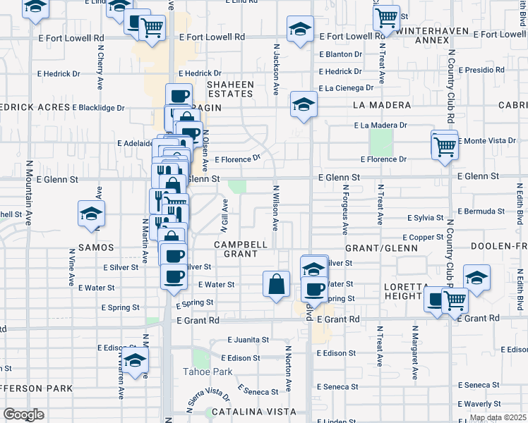 map of restaurants, bars, coffee shops, grocery stores, and more near 2636 North Willow Avenue in Tucson