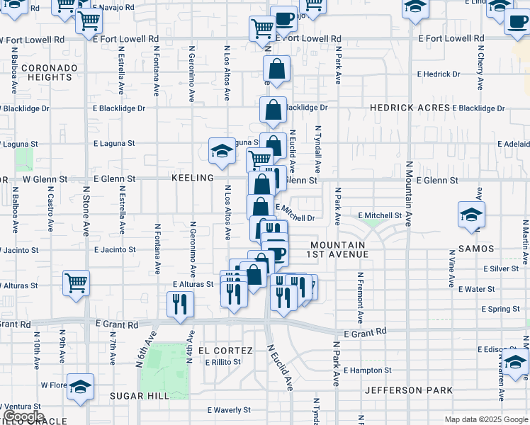 map of restaurants, bars, coffee shops, grocery stores, and more near 2710 North 1st Avenue in Tucson