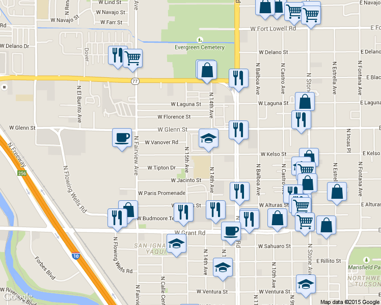 map of restaurants, bars, coffee shops, grocery stores, and more near 2717 North Pacific Drive in Tucson