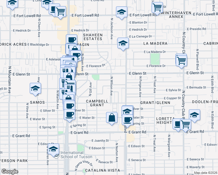 map of restaurants, bars, coffee shops, grocery stores, and more near 2254 East Mitchell Street in Tucson