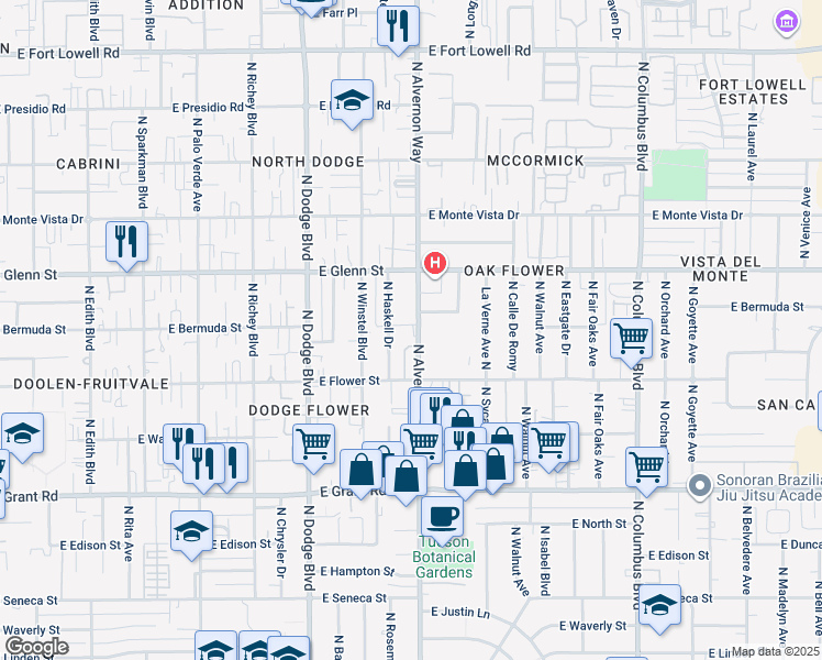 map of restaurants, bars, coffee shops, grocery stores, and more near 2679 North Alvernon Way in Tucson