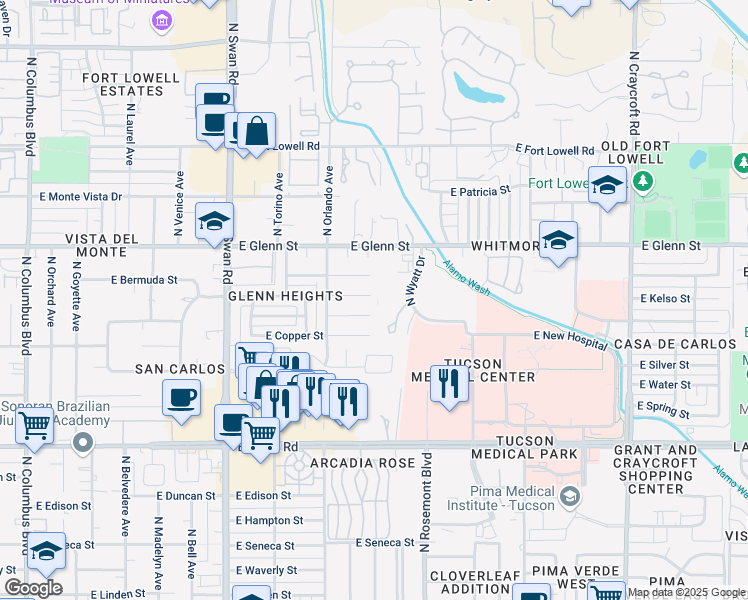 map of restaurants, bars, coffee shops, grocery stores, and more near 4950 East Bermuda Street in Tucson