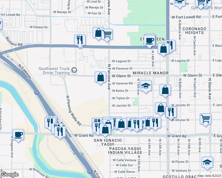 map of restaurants, bars, coffee shops, grocery stores, and more near 858 West Kelso Street in Tucson