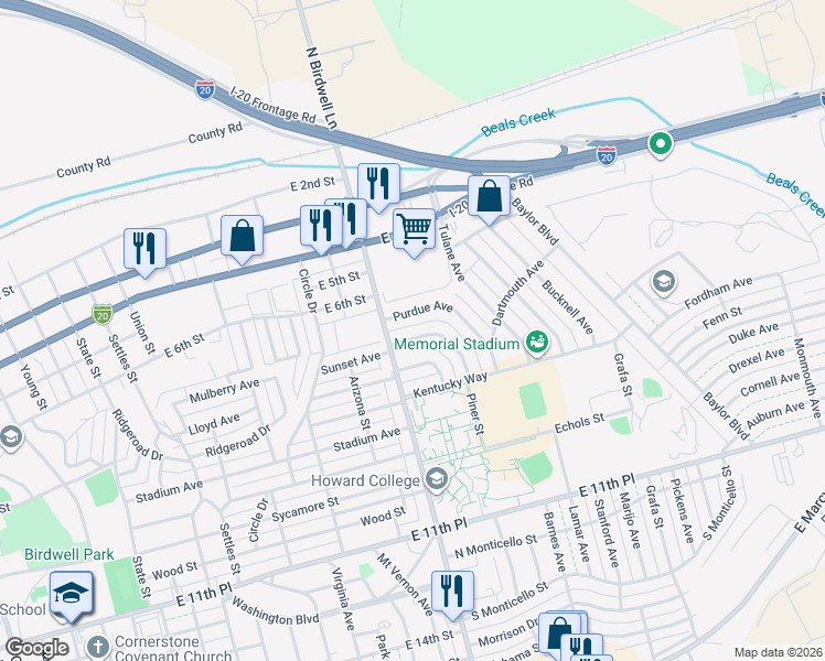 map of restaurants, bars, coffee shops, grocery stores, and more near 1701-1711 Yale Avenue in Big Spring