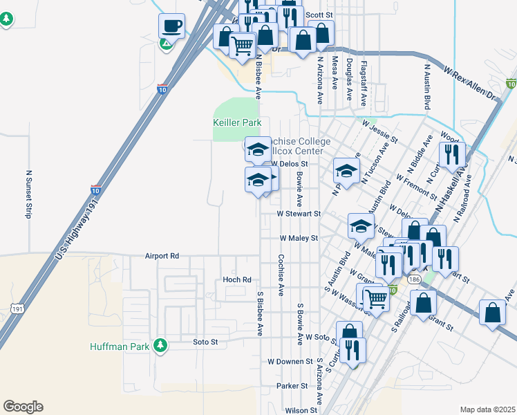 map of restaurants, bars, coffee shops, grocery stores, and more near 480 North Bisbee Avenue in Willcox