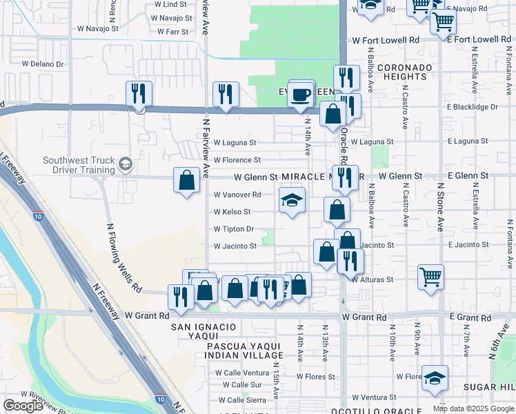map of restaurants, bars, coffee shops, grocery stores, and more near 738 West Kelso Street in Tucson