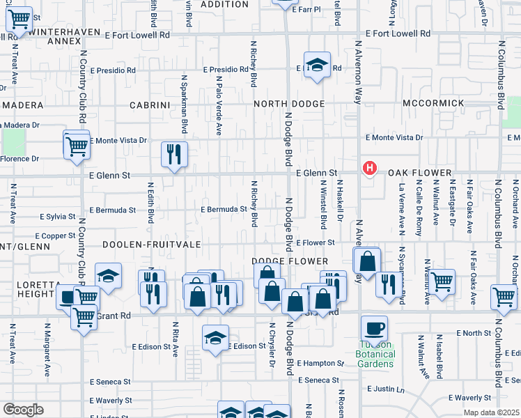 map of restaurants, bars, coffee shops, grocery stores, and more near 2702 North Richey Boulevard in Tucson