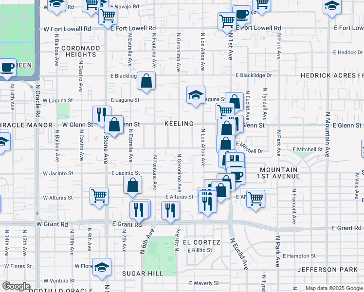map of restaurants, bars, coffee shops, grocery stores, and more near 2702 North Geronimo Avenue in Tucson