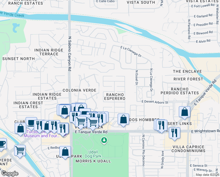 map of restaurants, bars, coffee shops, grocery stores, and more near 7382 East Placita Luz de La Luna in Tucson