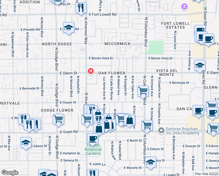 map of restaurants, bars, coffee shops, grocery stores, and more near 2656 La Verne Avenue North in Tucson