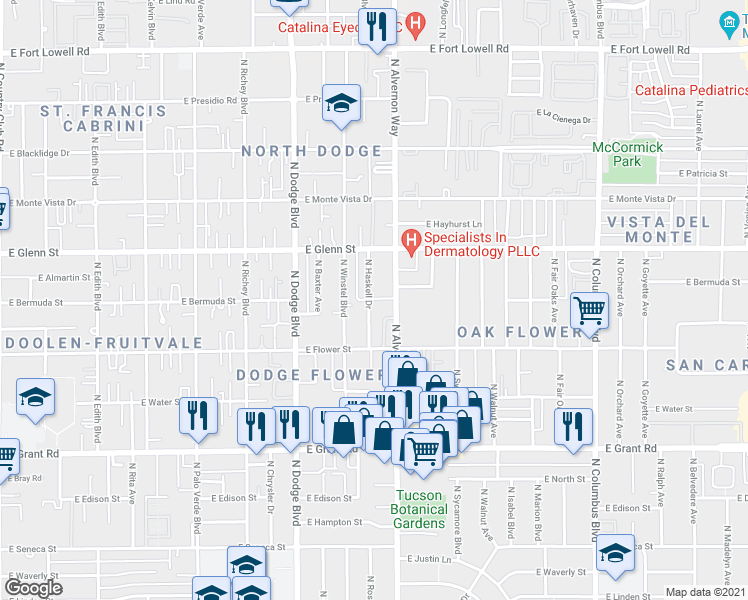 map of restaurants, bars, coffee shops, grocery stores, and more near 2679 North Alvernon Way in Tucson
