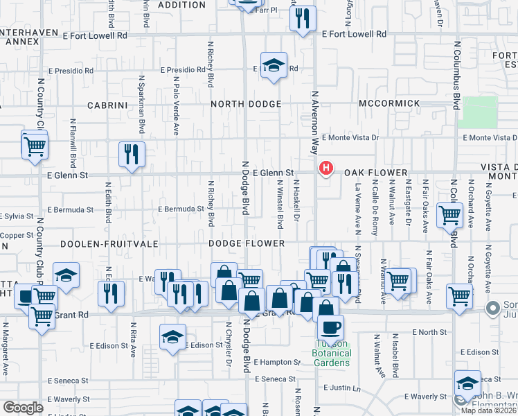 map of restaurants, bars, coffee shops, grocery stores, and more near 2718 North Baxter Avenue in Tucson
