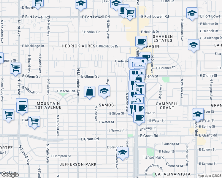 map of restaurants, bars, coffee shops, grocery stores, and more near 1625 East Mitchell Street in Tucson