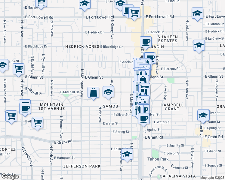 map of restaurants, bars, coffee shops, grocery stores, and more near 1625 East Mitchell Street in Tucson