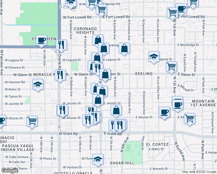 map of restaurants, bars, coffee shops, grocery stores, and more near in Tucson