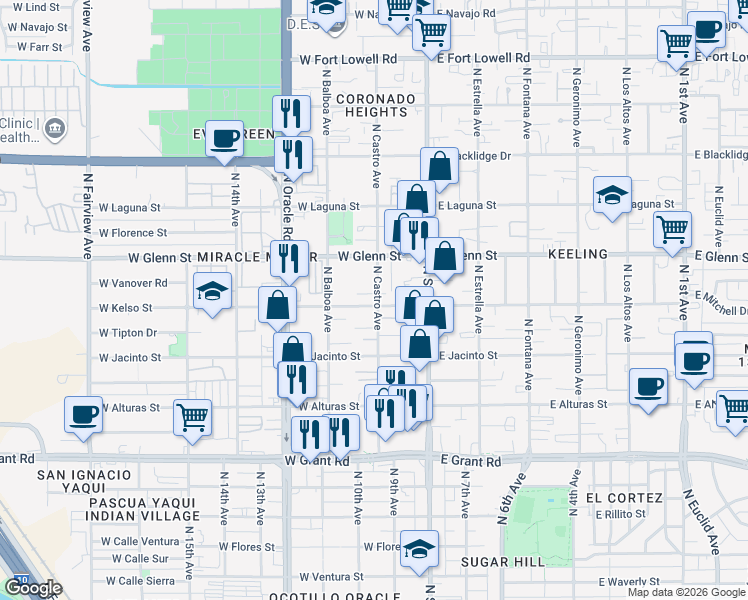 map of restaurants, bars, coffee shops, grocery stores, and more near 208 West Kelso Street in Tucson