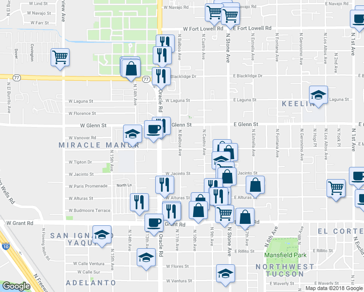 map of restaurants, bars, coffee shops, grocery stores, and more near 256 West Kelso Street in Tucson