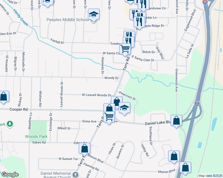 map of restaurants, bars, coffee shops, grocery stores, and more near 3257 Terry Road in Jackson