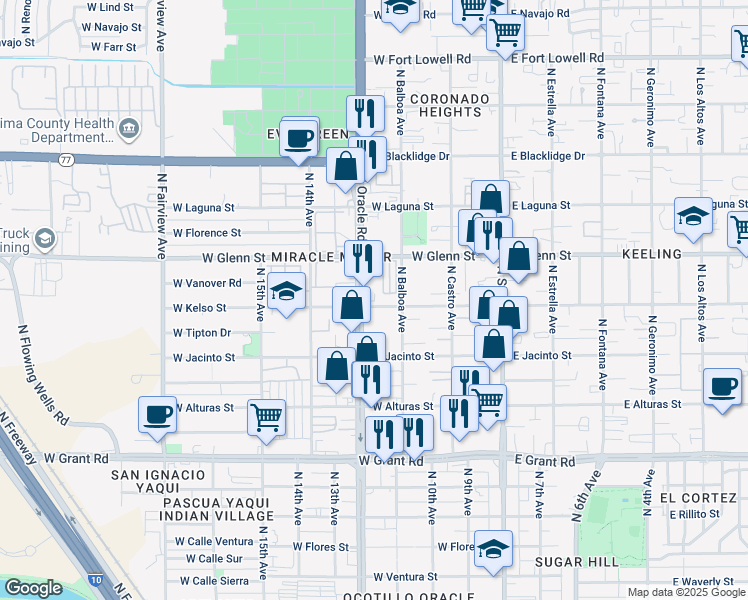 map of restaurants, bars, coffee shops, grocery stores, and more near 2700 N Oracle Rd in Tucson