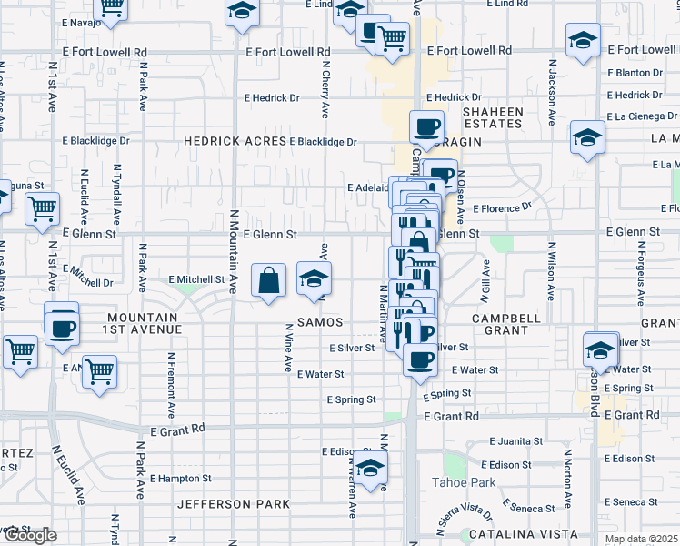 map of restaurants, bars, coffee shops, grocery stores, and more near 1625 East Mitchell Street in Tucson