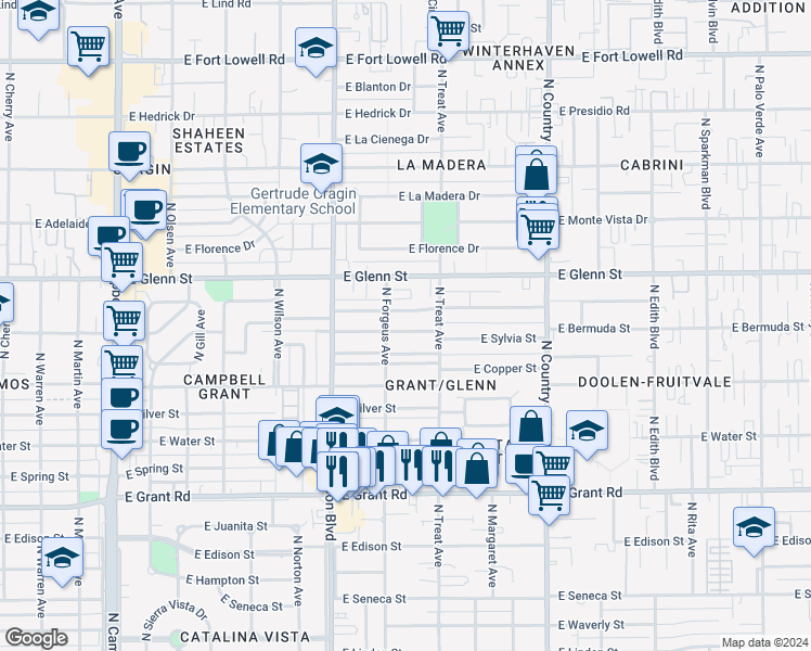 map of restaurants, bars, coffee shops, grocery stores, and more near 2625 East Sylvia Street in Tucson