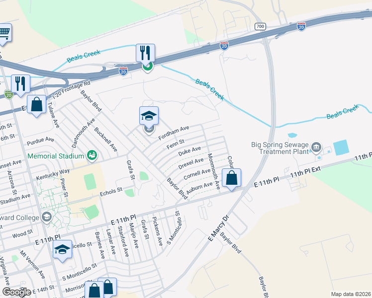 map of restaurants, bars, coffee shops, grocery stores, and more near 3229 Duke Ave in Big Spring