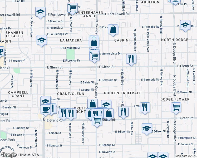 map of restaurants, bars, coffee shops, grocery stores, and more near 2702 North Country Club Road in Tucson