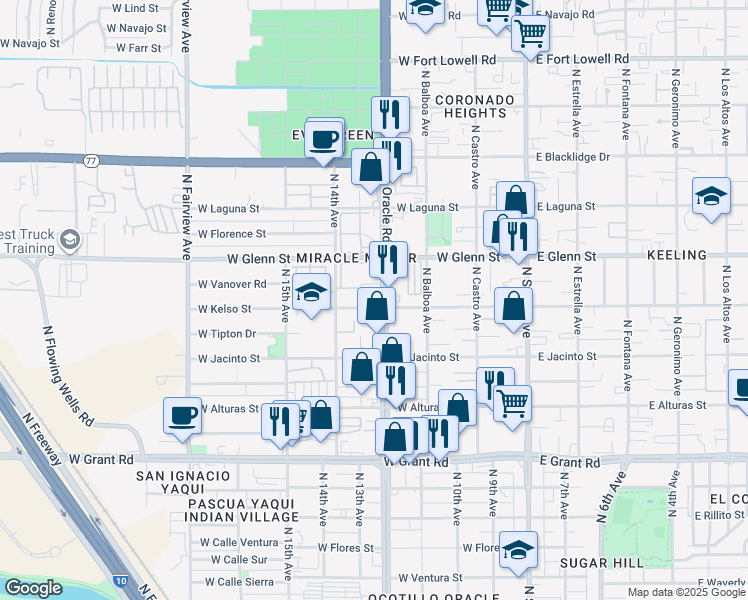 map of restaurants, bars, coffee shops, grocery stores, and more near 2701 North Oracle Road in Tucson