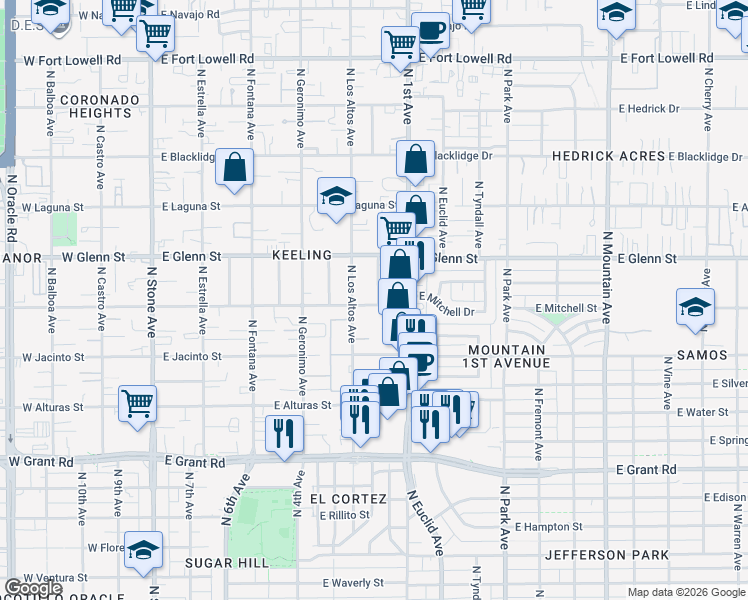 map of restaurants, bars, coffee shops, grocery stores, and more near 527 East Kelso Street in Tucson