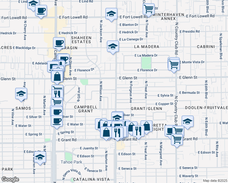 map of restaurants, bars, coffee shops, grocery stores, and more near 2470 East Mitchell Street in Tucson